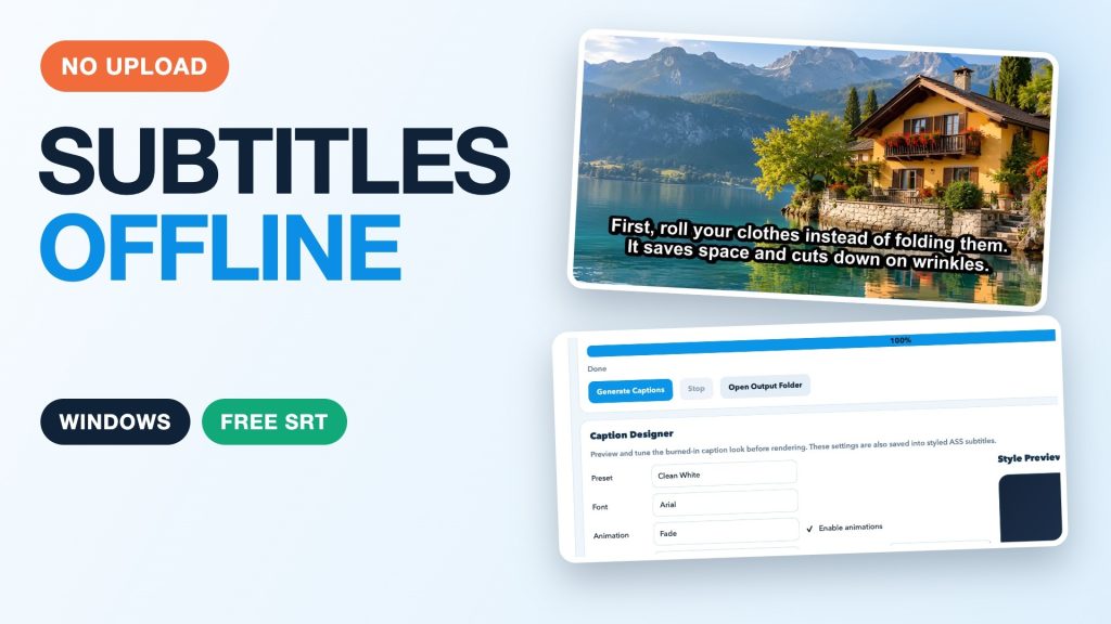 Subtitles Offline thumbnail: add subtitles to a video offline on Windows with AI Auto Captions Pro