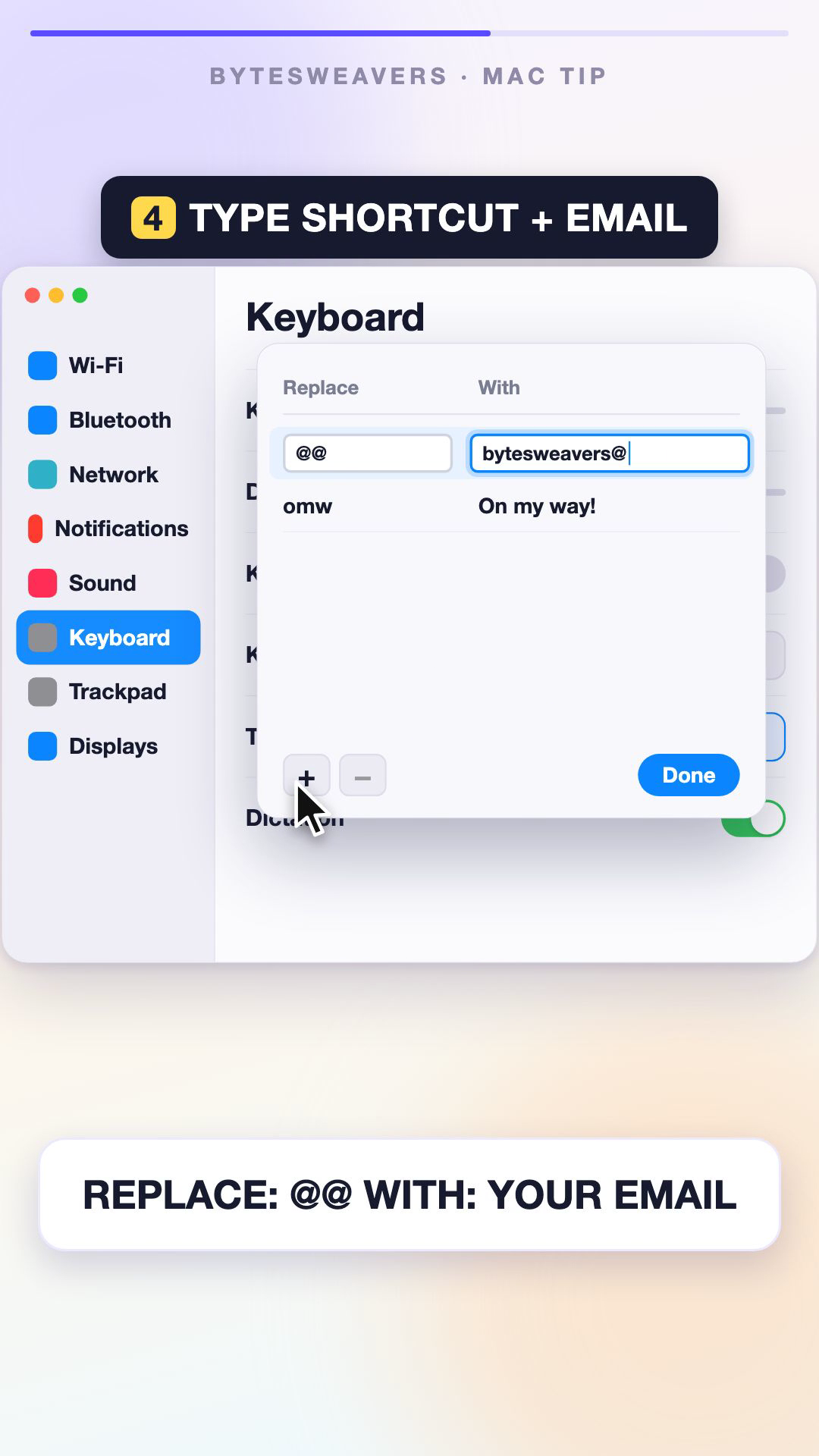 Animated illustration of Mac Text Replacement fields