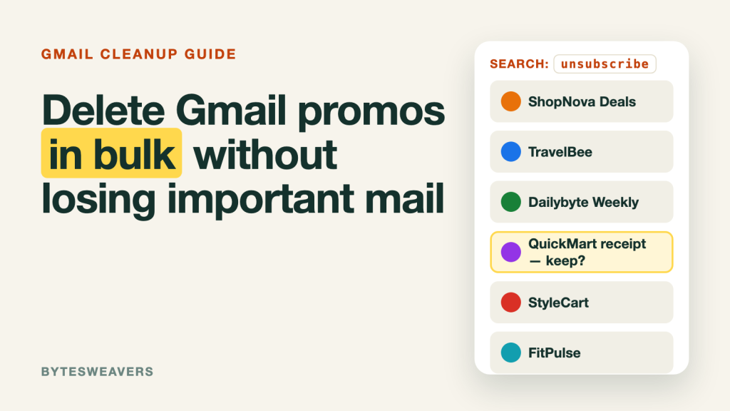 Headline 'Delete Gmail promos in bulk without losing important mail' beside a list of sample promotional emails with one receipt flagged keep