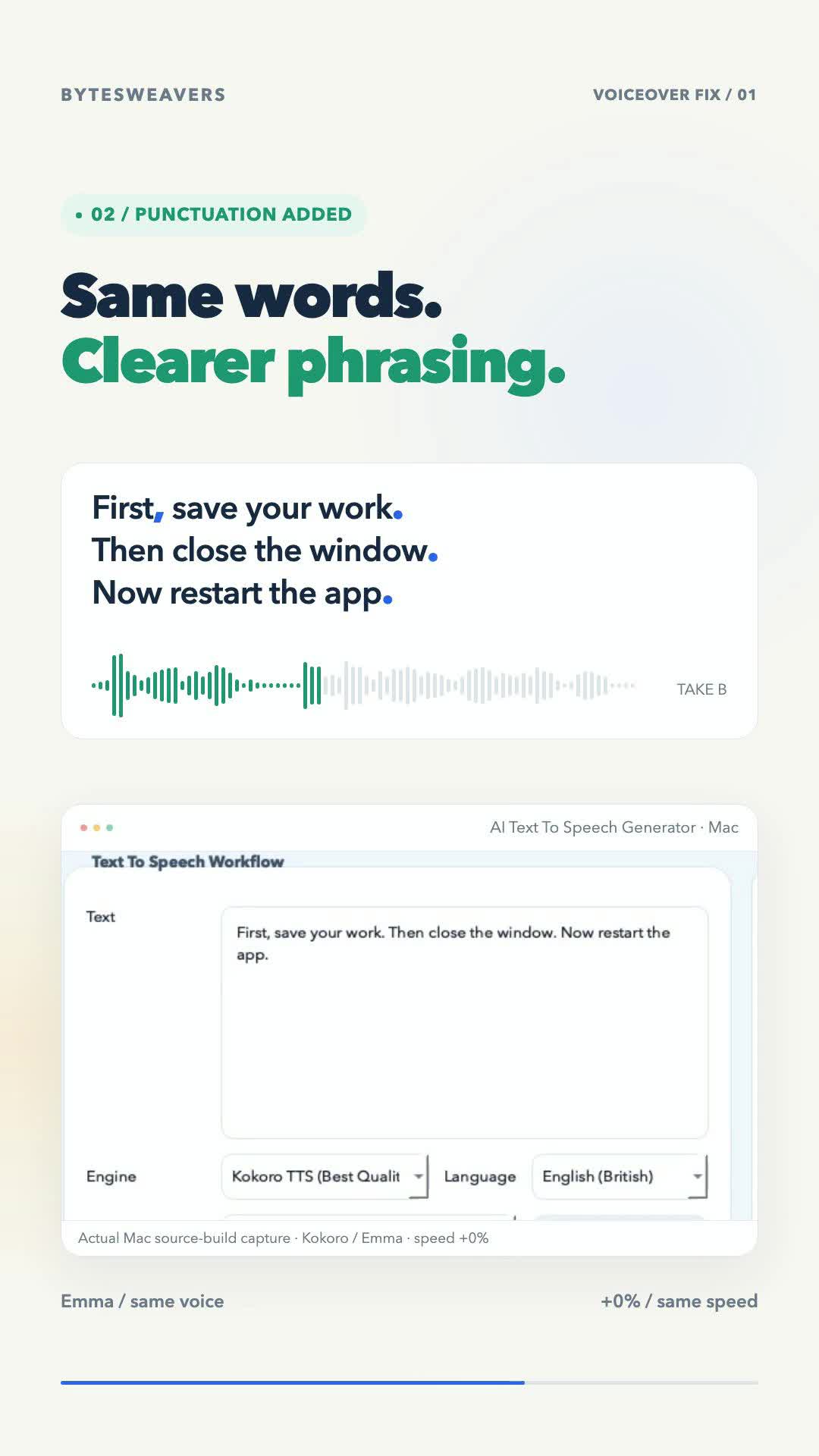 The same Mac app after adding a comma and full stops to the script.