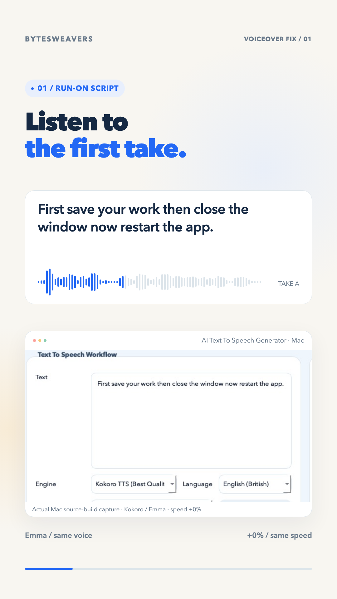 Real Mac text-to-speech app with the unpunctuated instruction in its editor.