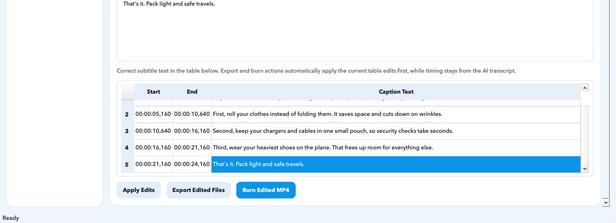 AI Auto Captions Pro transcript table with an edited caption line and the Apply Edits and Export Edited Files buttons