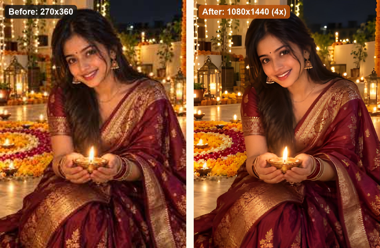 Side by side: a soft 270 by 360 Diwali portrait on the left and the sharper 4x upscaled 1080 by 1440 version on the right.