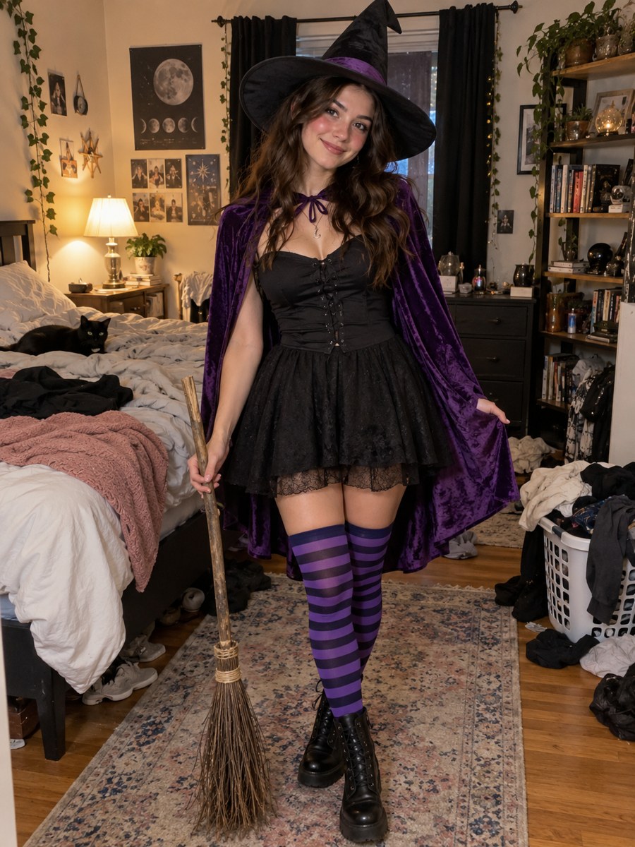 Halloween witch costume photo taken in a messy bedroom