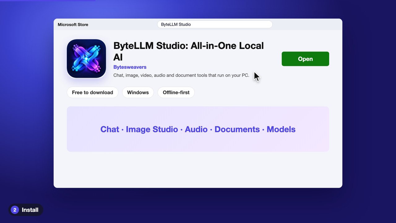 Microsoft Store page for ByteLLM Studio: All-in-One Local AI with the Install button.