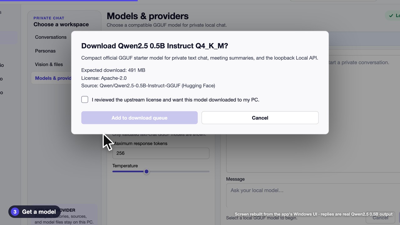 The download dialog for Qwen2.5 0.5B Instruct Q4_K_M with license checkbox and Add to download queue button.