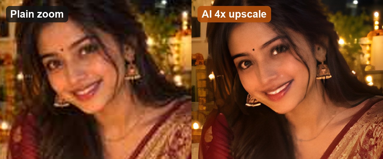 Close-up of a face: plain zoom is blurry, the AI 4x upscale shows clear eyes, eyebrows and earrings.