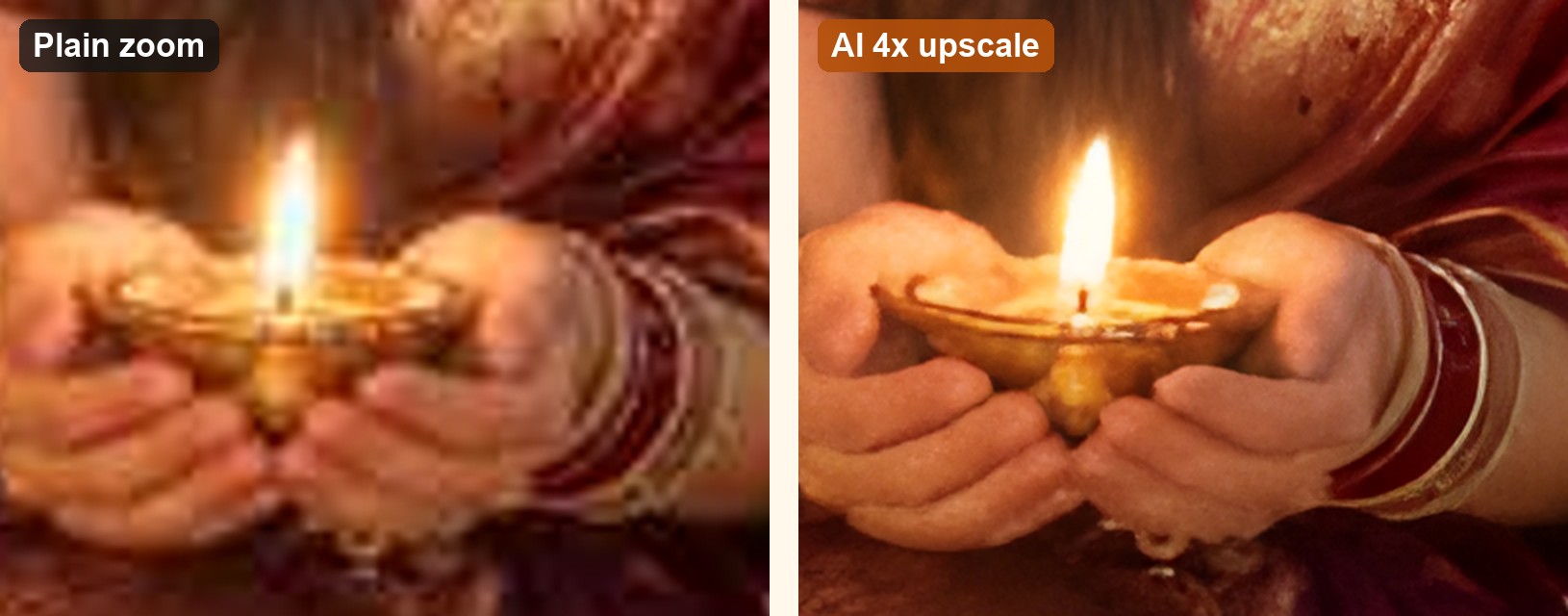 Close-up of hands holding a lit diya: plain zoom is smeared, AI upscale shows brass edges and the flame more clearly.