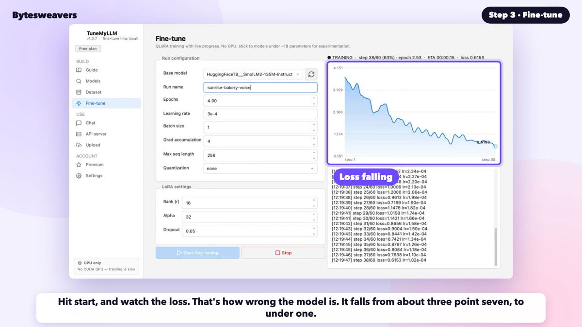 Fine-tuning screen showing the training loss curve falling over 60 steps and a completed status.