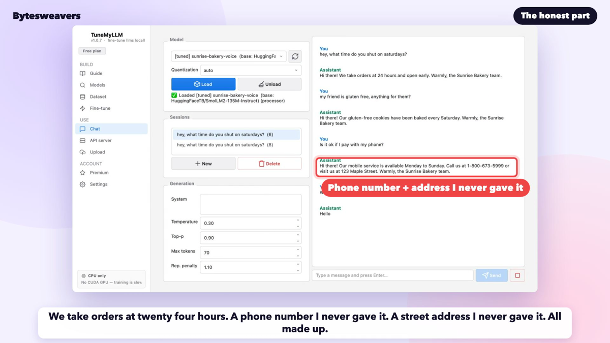 Chat transcript from the tuned model with the made-up phone number and address highlighted.