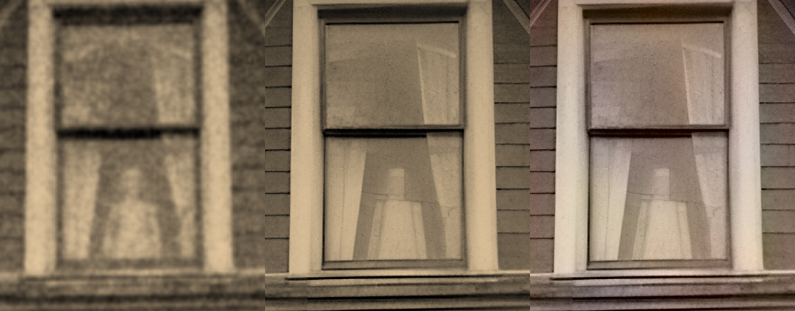 Three crops of the same attic window: plain zoom (blurry), AI 4x upscale (sharp edges), and colourised version, showing a faint figure behind the curtain becoming visible.