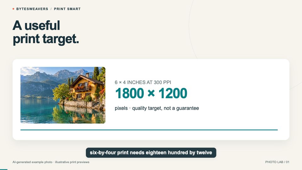 Calculation showing the pixels needed for a 6 by 4 inch print at 300 pixels per inch