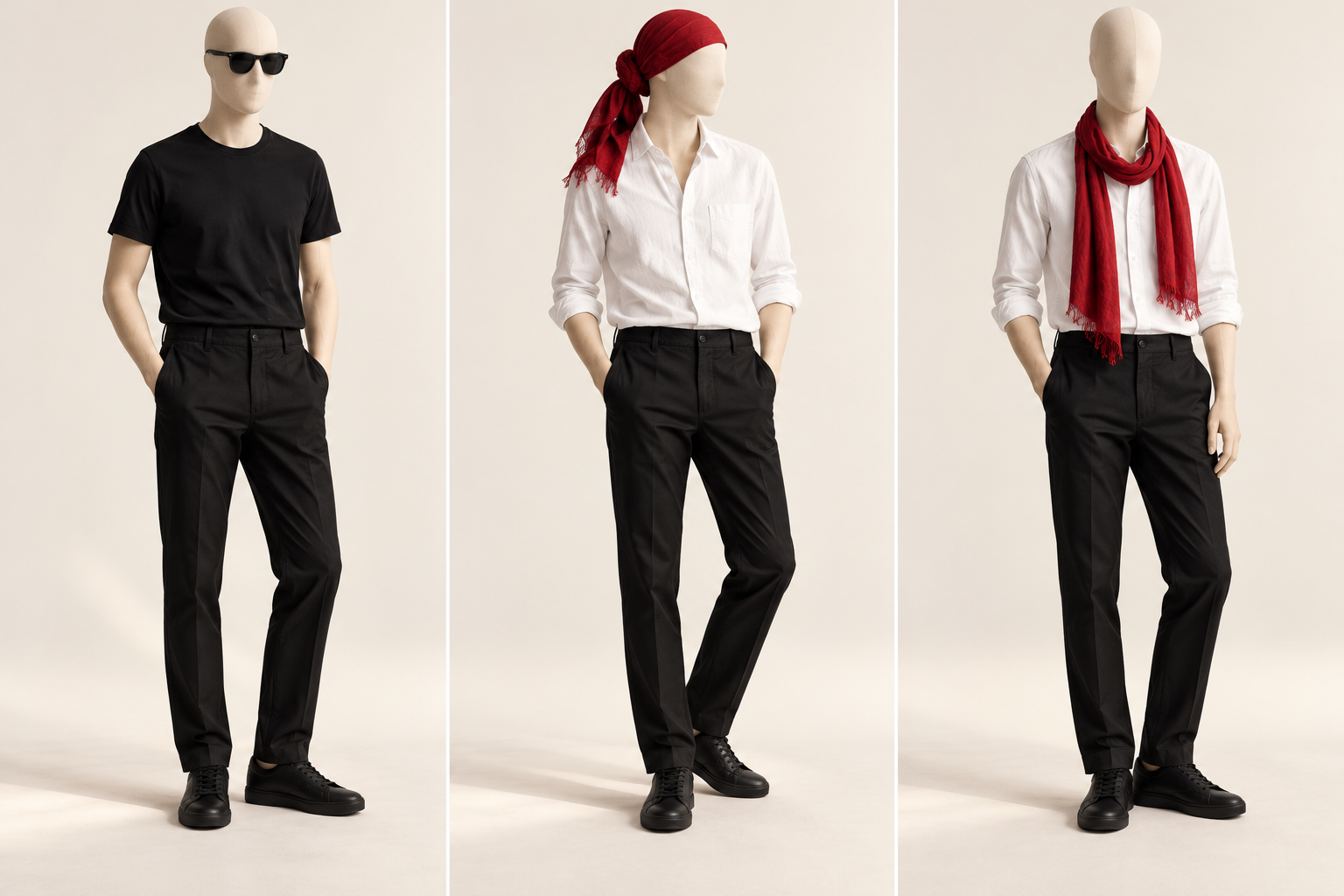 AI-generated mannequin concepts showing secret-agent, pirate and minimal vampire-inspired outfits from the sample wardrobe