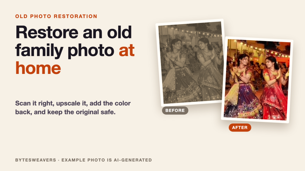 Before and after of an AI-generated old festival photo: faded sepia scan on the left, colorized on the right.