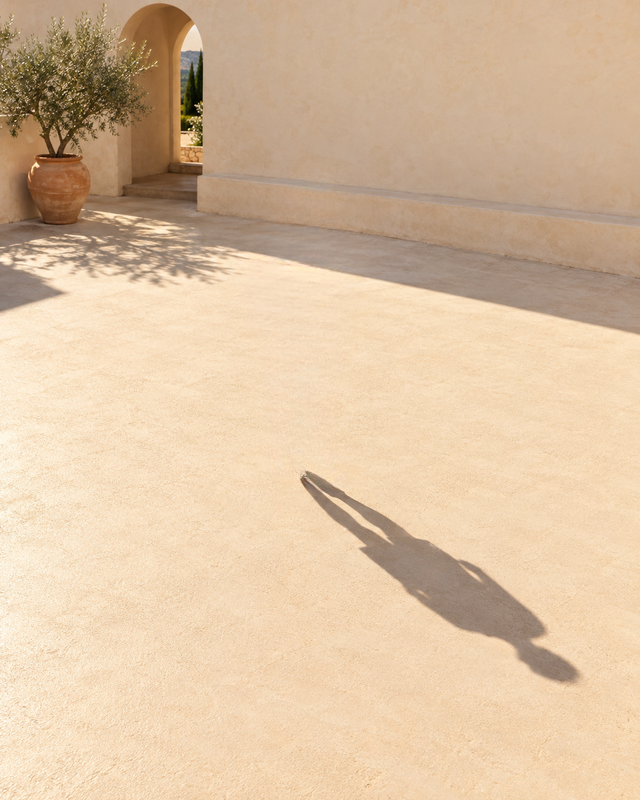 Person removed but a dark cast shadow remains on the paving