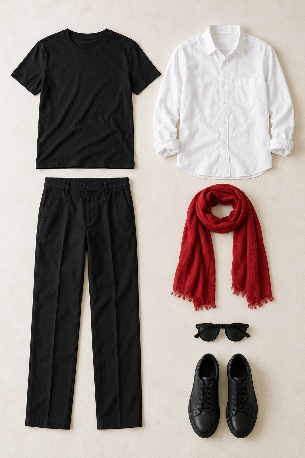 AI-generated example wardrobe: black T-shirt, white button-down shirt, black trousers, red scarf, sunglasses and black sneakers